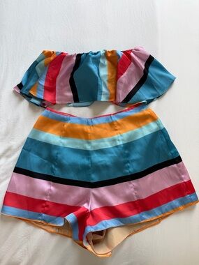 Lovers + Friends High-Waist Striped Shorts - Teal, Pink & Orange